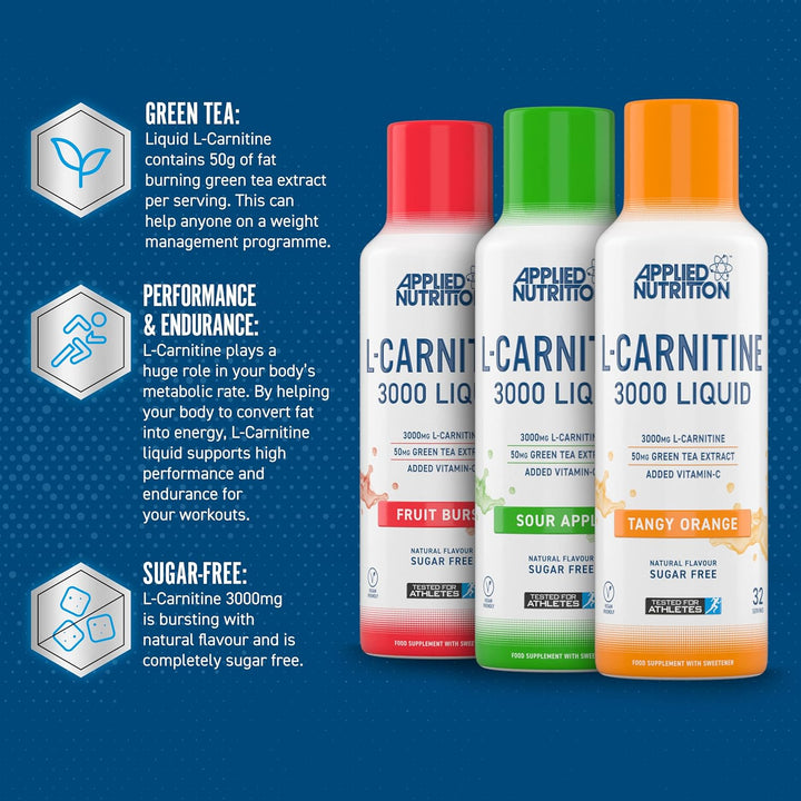 L Carnitine 3000 Liquid - L-Carnitine with Green Tea & Vitamin C, Boosts Energy & Weight Management, Vegan (480Ml - 32 Servings) (Sour Apple)