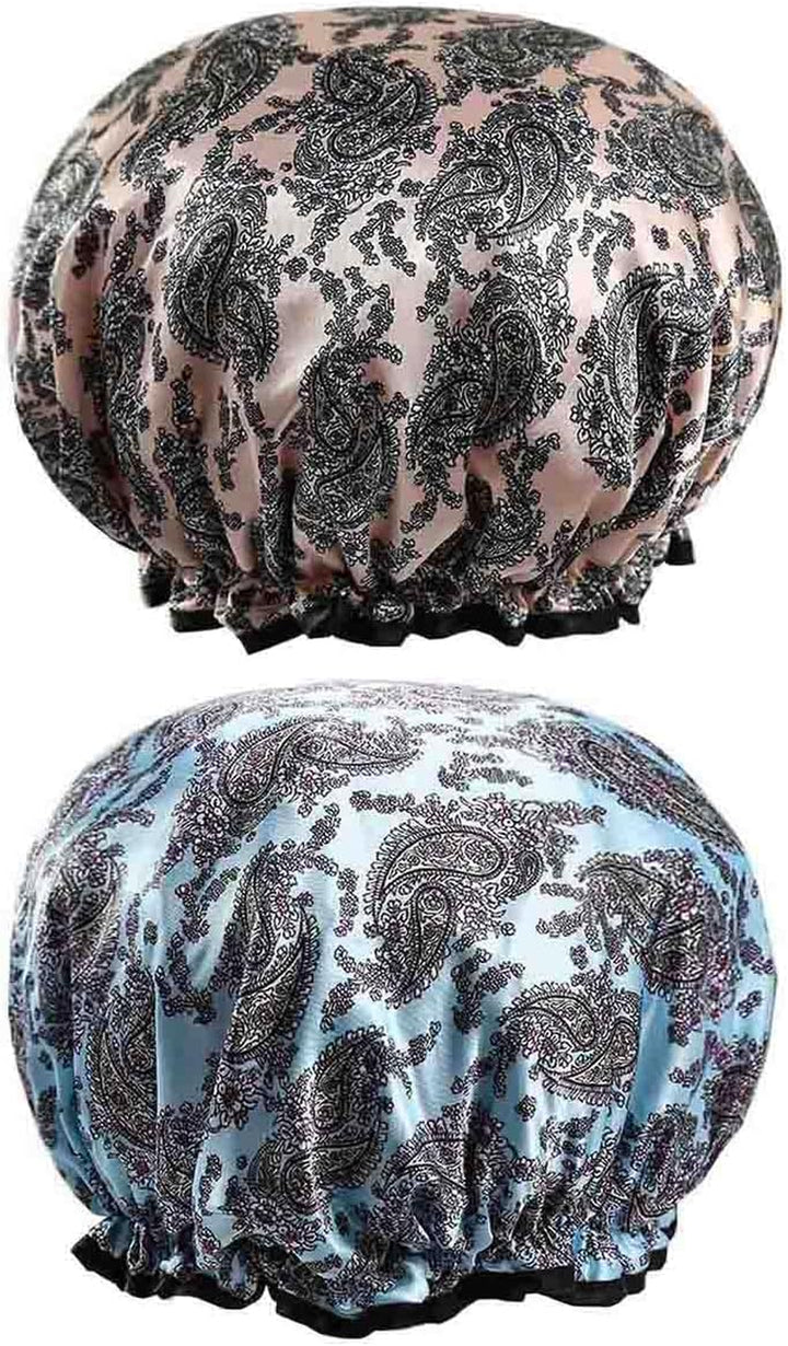 2 Pcs Bath Caps Elastic Band Double Layers Waterproof Shower Caps with Ruffled Edge Covering Ears Keeping Hair Dry Kitchen Oil-Proof Cap for Girls and Women