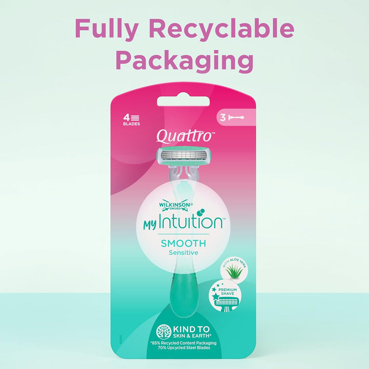 Wilkinson Myintuition Smooth Sensitive Quattro Women’S Disposable Razors, Hair Removal, Touch of Aloe Vera, Shavers for Routine Grooming, 3 Pack