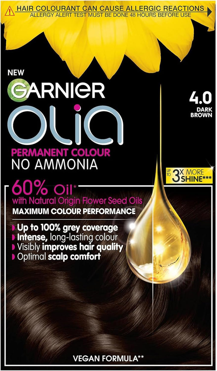 Garnier  5.0 Brown, Oil-Powered, No-Ammonia. 100% Grey Coverage. Luminous, Long-Lasting, Vibrant Brown Hair Color with Exceptional Shine and a Healthy, Nourished Feel.