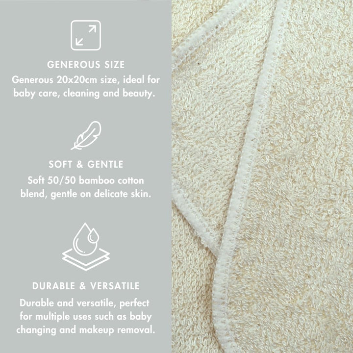 24PK Wipes Bamboo Cotton Terry Wipes 20X20 Cms Wash Cloth Washable Reuseable Baby Wipes (White)