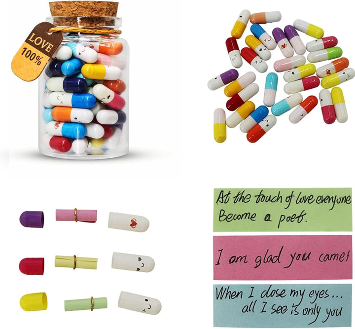 Capsule Letters Message in a Glass Bottles, 50Pcs Cute Smiling Face Love Friendship Letter Color Pill with Wishing Bottle, Message Pills for Boys Girls Friends Family