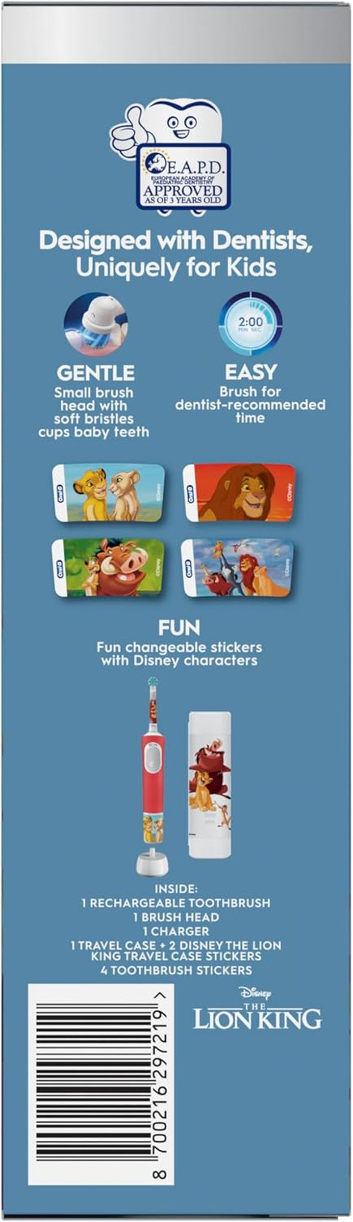 Pro Kids Electric Toothbrush, 1 Handle Featuring Disney the Lion King, 1 Toothbrush Head, 1 Travel Case, Designed by Braun, for Ages 3+