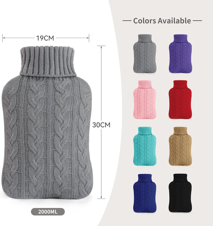 Hot Water Bottle with Knitted Cover, 2L Hot Water Bag for Hot and Cold Compress, Hand Feet Warmer, Neck and Shoulder Pain Relief, Gray