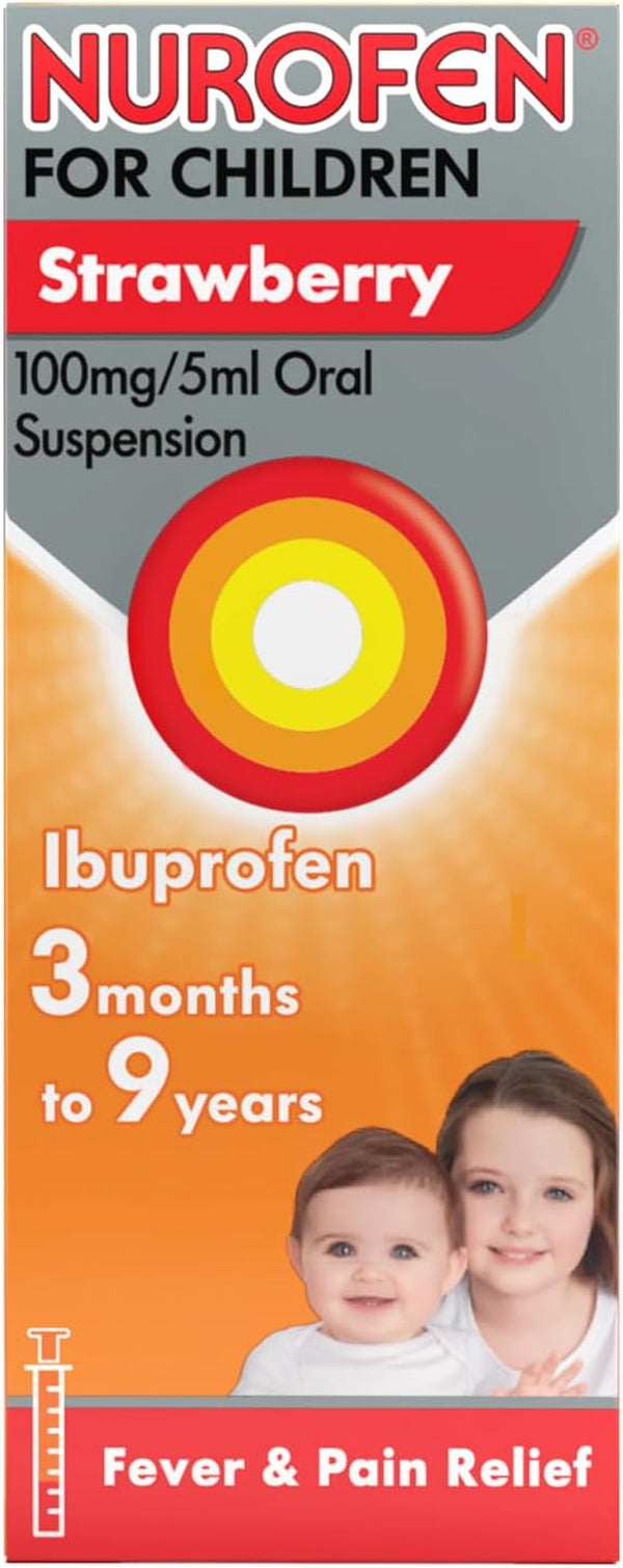 for Children 3M-9Y, Kids Ibuprofen Strawberry 100 Ml, Baby Teething Pain Relief, Cold Flu, Fast Acting, up to 8 Hours, Fever Reducer, Child Medicine