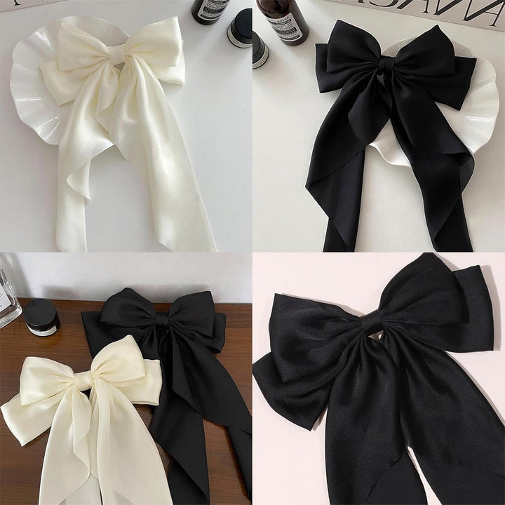 2 PCS Big Bow Hair Clips with Long Silky Satin, Solid Color French Barrette Simple Hair Fastener Accessories for Women Girls