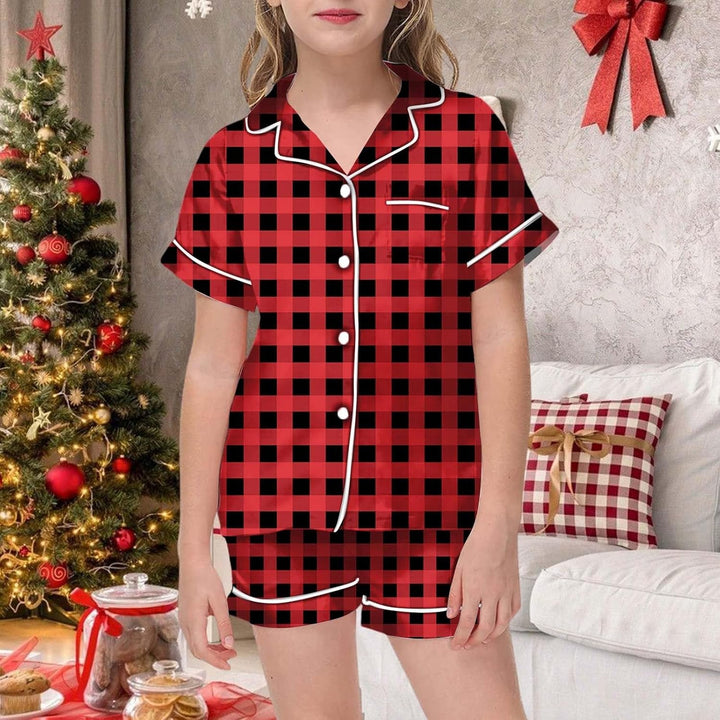 Girls Christmas Printed Pajamas Short Sleeved Button Top Shorts Home Set Christmas Hats