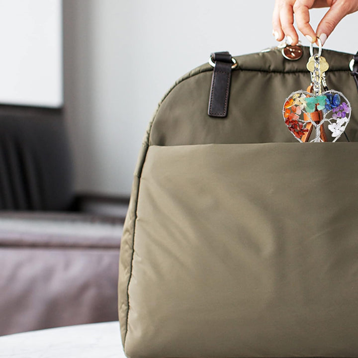 Tree of Life Keyring 7 Chakra Healing Crystal Tumbled Stone Natural Gemstone Car Key Chain Reiki Healing Keychain for Friendship Women Men Girls Bikes Home