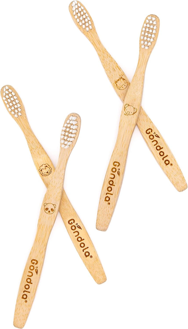 Organic Bamboo Toothbrushes for Kids - Soft Bristles, Fun Animal Designs | Biodegradable & Eco Friendly | Wooden Handle Toothbrushes | Zero Waste Packaging - 4 Pack