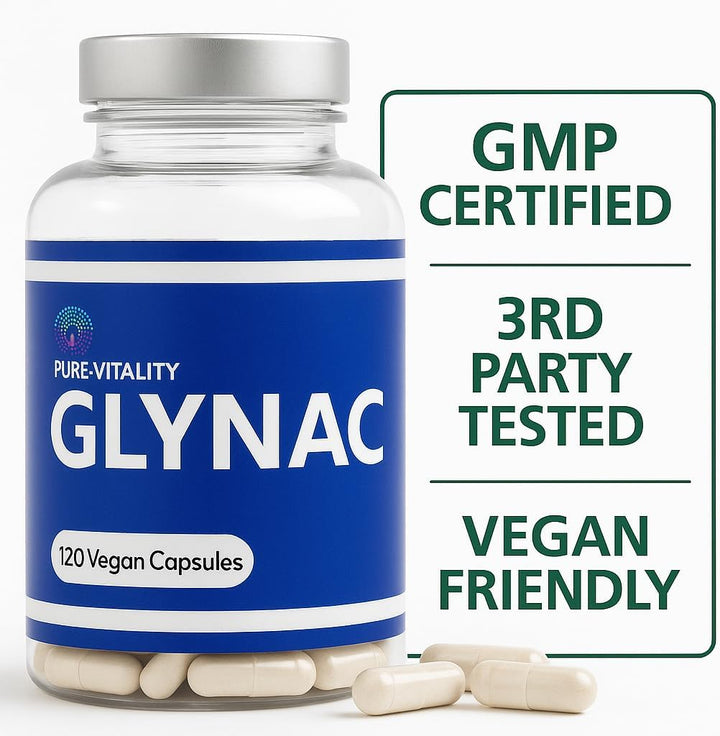 Pure:Vitality Glynac - 120 Capsules, 1200Mg Glynac (600Mg Glycine & 600Mg N-Acetylcysteine) per Serving, High Strength Glutathione Supplement, Vegan Glynac for Healthy Ageing