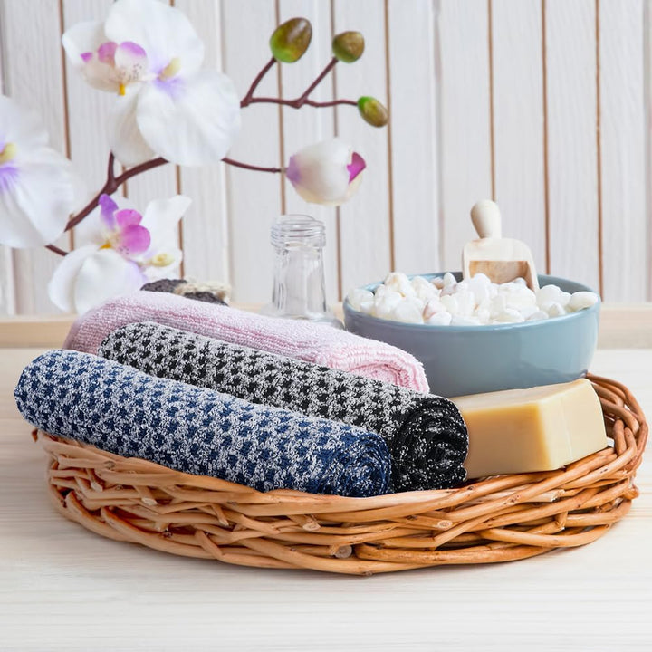 2 Pcs Long Exfoliating Washcloth, Extra Long Exfoliating Body Towel, Deep Exfoliating Towel Natural Body Exfoliator Bath Scrub Loofah, Cleaning Dirt and Dead Skin for Men Women (Black+Blue Grid)
