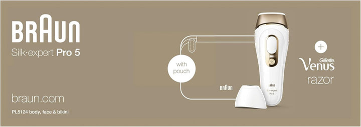 IPL Silk Expert Pro 5, Visible Permanent Hair Removal for Women & Men with Venus Razor and Precision Head, Premium Pouch, Alternative for Laser Hair Removal, PL5124, White/Gold