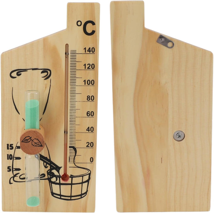 Sauna Thermometer Hourglass, Golden Elegant Design Sauna Temperature Gauge Sand Timer 0-140 Degree Celsius Wood for Hotel