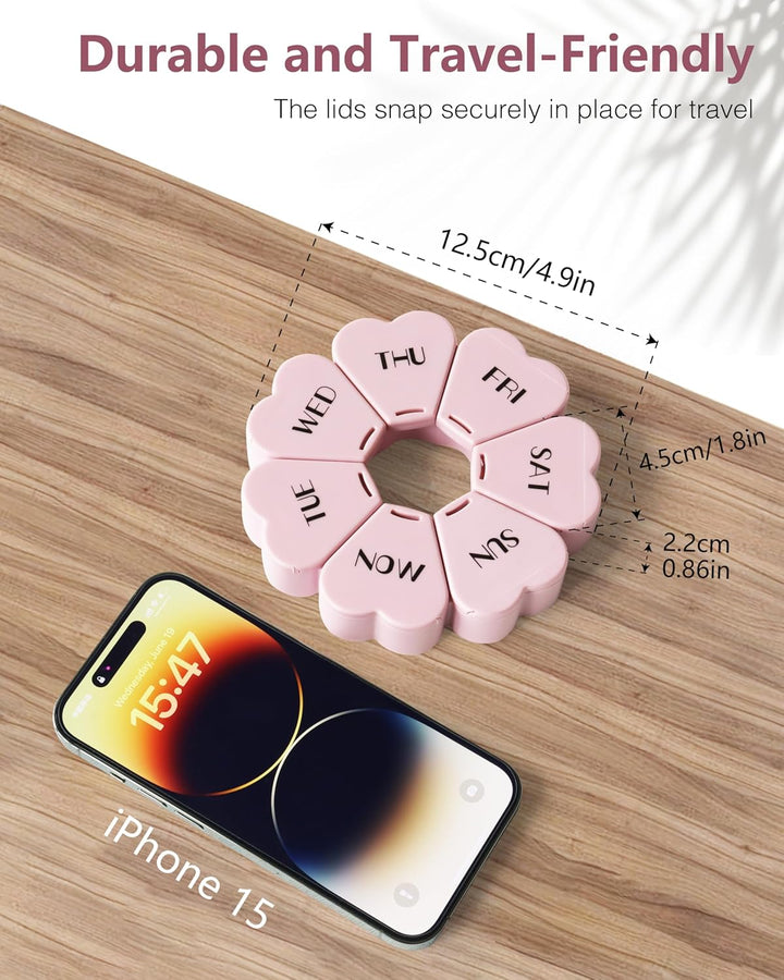 Weekly Pill Organiser, Cute, 7 Day, Large Compartments, Portable Tablet Box, Round, Vitamin and Supplement Case (Pink)