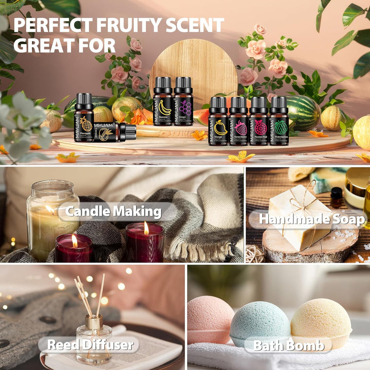 Fruity Fragrance Oil Set 8 X 10ML, Essential Oils Set for Diffuser - Aromatherapy, DIY - Mango, Passion Fruit, Strawberry, Watermelon, Coconut, Pineapple, Banana, Grape