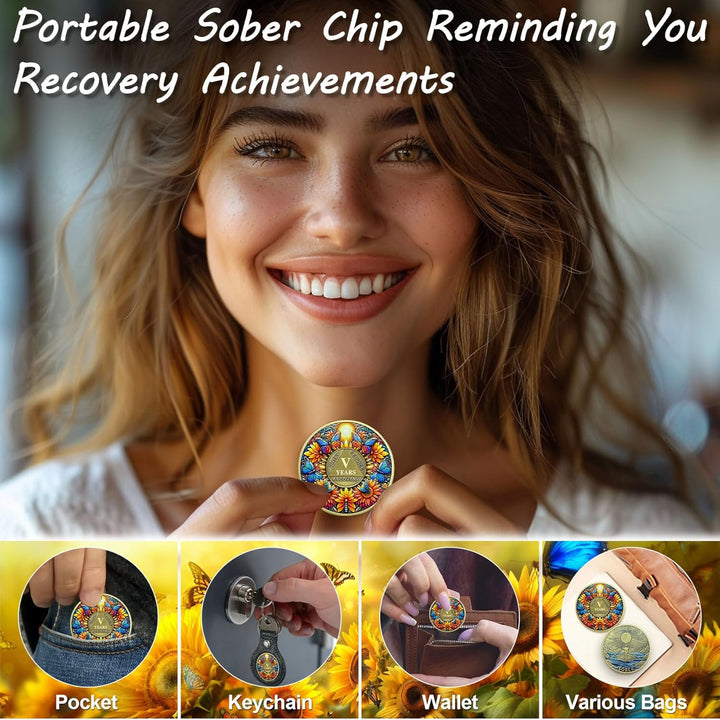 Sobriety Coin, 5 Year Sunflower Butterfly Sobriety Chip AA Coin and Medallions One Day at a Time Sober Token Narcotics Alcoholics Anonymous Recovery Gifts