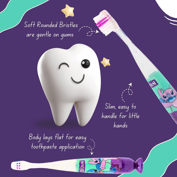 Disney Stitch Flashing Toothbrush for Kids with 2 Minute Flashing Light, Comfortable Handle Grip, Soft Rounded Bristles and Suction Cup for Upright Storage for Children Ages 3+