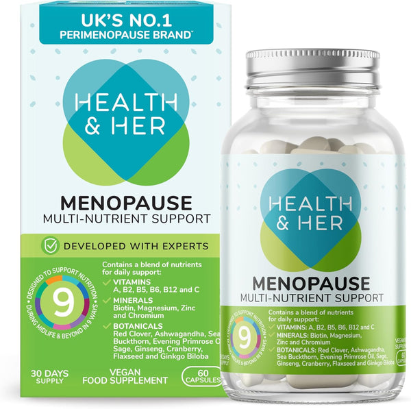 Health & Her Menopause Supplements for Women - Multi-Nutrient Wellbeing Support - Wellbeing for Menopause - 1 Month Supply, 60 Capsules - Vegan