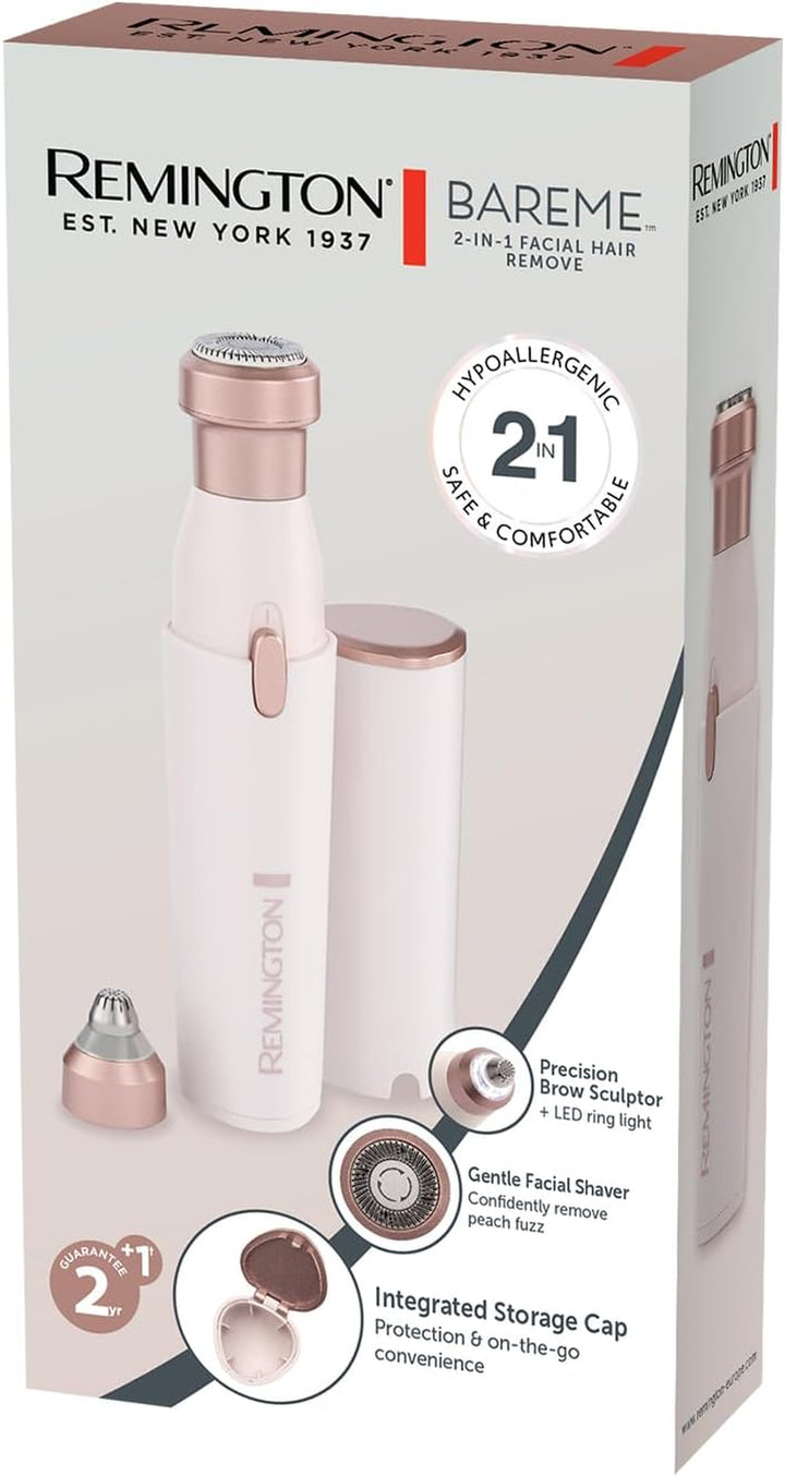 ® 2-In-1 Facial Hair Remover [Hypoallergenic Attachments, LED Light, USB-C, 80Min Runtime] Bareme (Gentle Shaver, Trimmer, Brow Sculptor, 100% Waterproof, Integrated Storage Cap) WFS200
