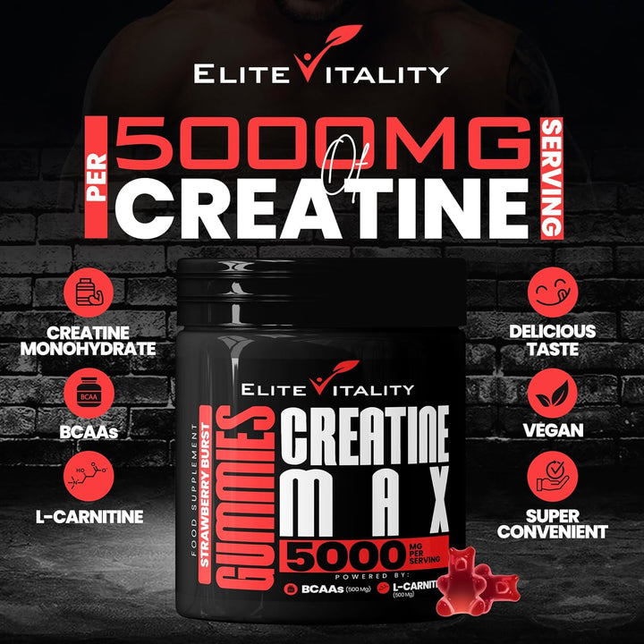 Creatine Monohydrate Gummies 5000Mg + Bcaas & L-Carnitine – Vegan, Sugar-Free, Pre Workout Muscle Recovery Supplement for Men & Women – 90 Gummies – Strawberry Burst – Gym & Fitness Support