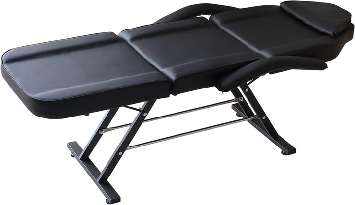 Beauty Bed with Stool Massage Table with Head Cushion 3 Section Adjustable Beauty Bed Professional Tattoo SPA Salon Chair (Black)