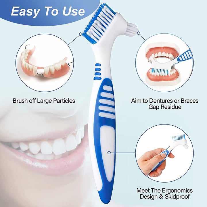 4Pcs Denture Brush, Retainer Brush, Denture Toothbrush, Portable Denture Cleaning Brush, Double Bristle Head Denture Brush, False Teeth Brush for Cleaning Retainers (Blue, Purple, Green,Orange)