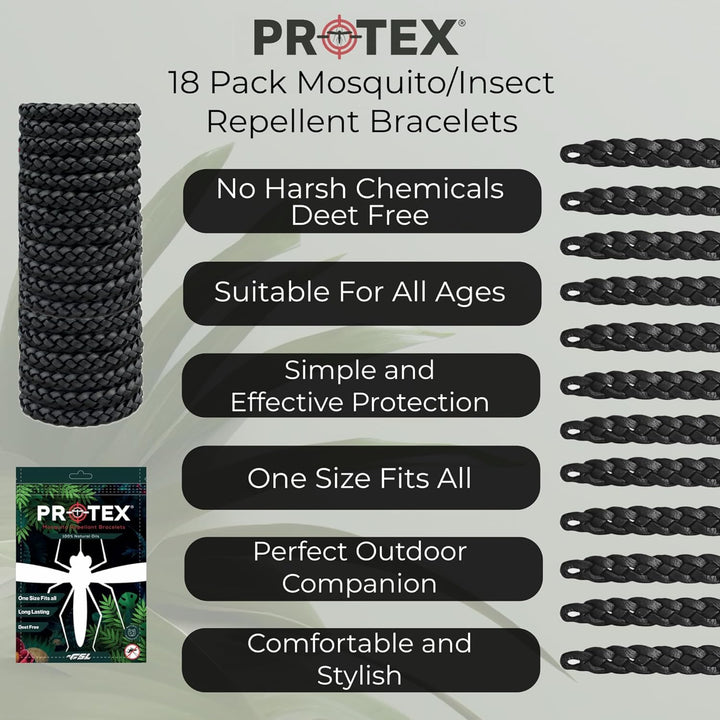 18 Black Insect Repellent Bracelets, Adjustable Leather Deet-Free Wrist Bands, Effective Protection, Insect Mosquito Repeller Bands for Adults & Kids, Resealable 18 Pack.