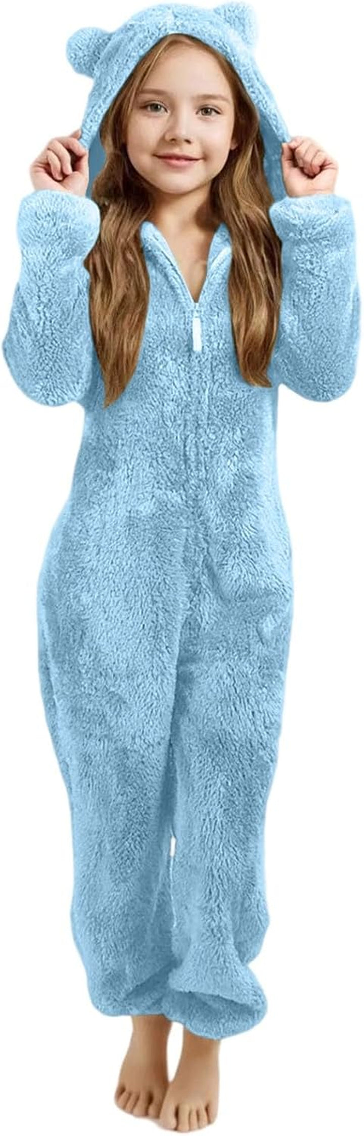 Girls Fleece Hooded Romper Jumpsuit with Ears Soft Warm Winter Pajamas Play Costume for Toddler Kids