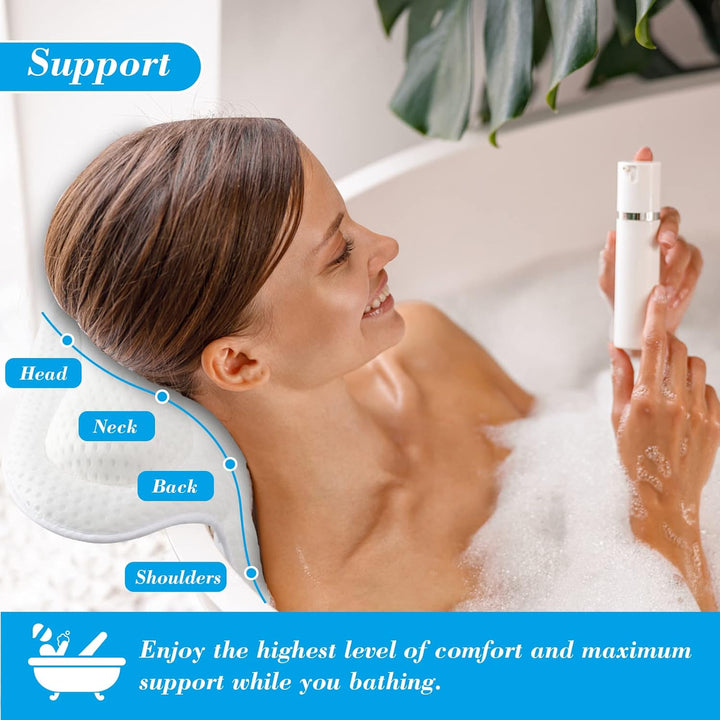 Bath Pillow 4D Ergonomic Bath Pillow Neck and Back Support Bath Cushion Air Mesh Technology Bath Headrest Pillow Bath Pillows with Strong Suction Cups Fits All Bathtub, Hot Tub and Home Spa (White)