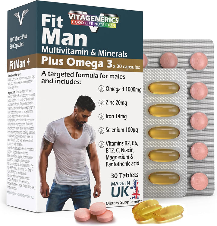 VITAGENERICS  Multivitamin & Minerals plus Omega 3, 30 Tablets plus 30 Capsules, with Zinc, Iron & B Vitamins, Made in UK