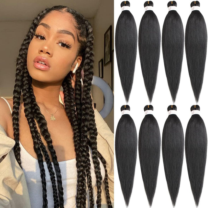 3 Packs Pre Stretched Braiding Hair Extension Yaki Texture EZ Braids Hair for Coi Leray Braids Black Braiding Crochet Hair Extensions /30 Inch 1B#