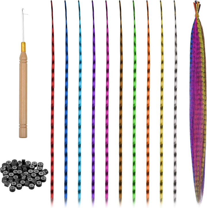 20Pcs Feather Hair Extensions, Colored Hair Extensions Kits, Colorful Hairpieces Feathers, Synthetic Hair Extension Kits with 50 Micro Beads and 1 Crochet Hook for Girls Women