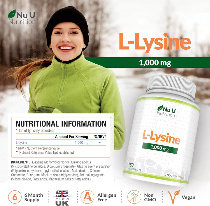 L-Lysine 1000Mg High Strength - 180 Vegan Tablets - 6 Month Supply - Gluten Free - Made in the UK -