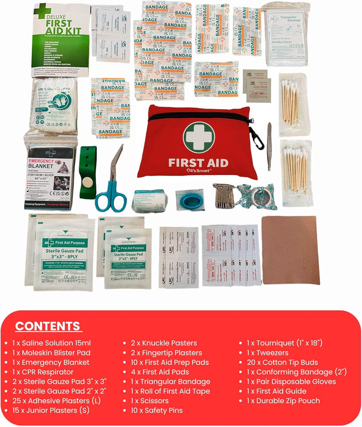 Premium First Aid Kit 110 Pieces - for Travel Essentials, Hiking, Home, Camping and Car - Includes Emergency Blanket, Plasters, Bandages, Eyewash and Other First Aid Essentials - Red