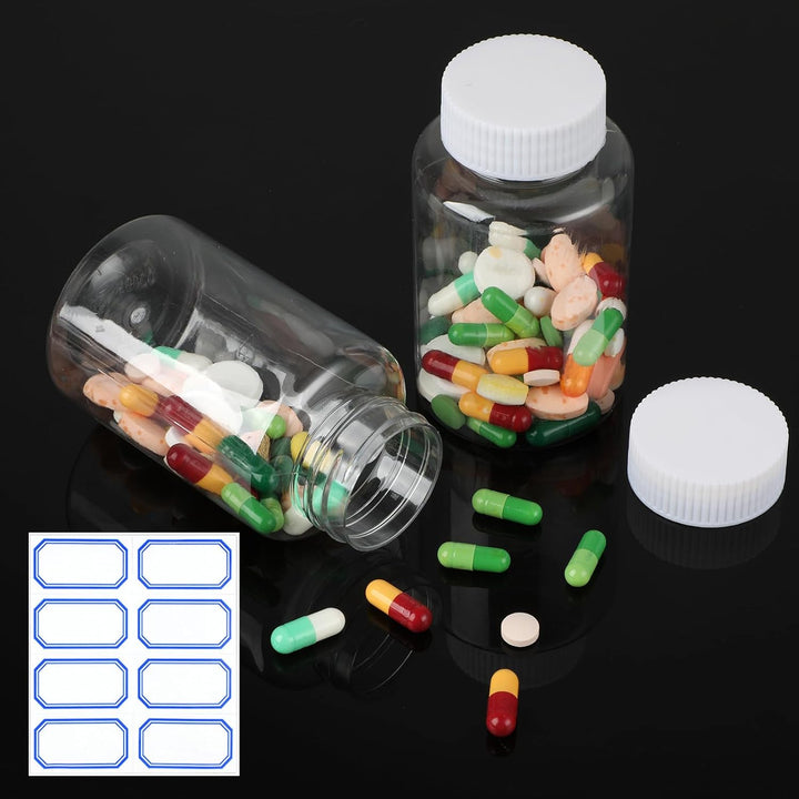 Clear Pill Bottle 6 Pcs Empty Medicine Organizers 150ML Jar Powder Box Storage Transparent Reagent Containers Plastic Dispenser Leak Proof Caps Receptacle for Toiletries Counter Labels