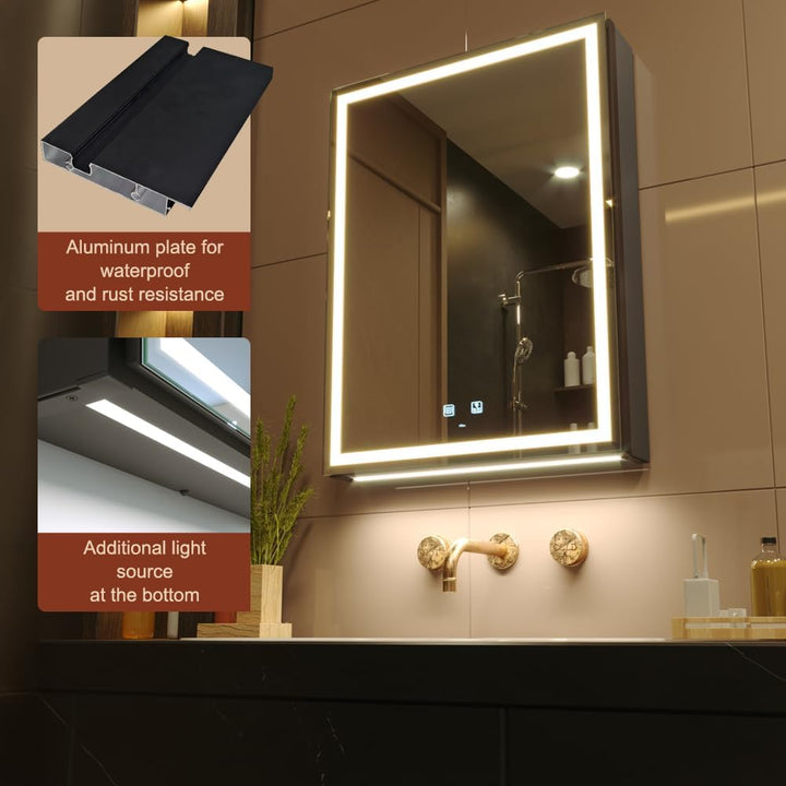 50 X 70 Cm LED Lighted Bathroom Medicine Cabinet with Mirror, Defogger, Dimmer, 3 Color Light Makeup Mirror, Easy to Install, Wall Mounted Medicine Cabinet without Socket & Usbs