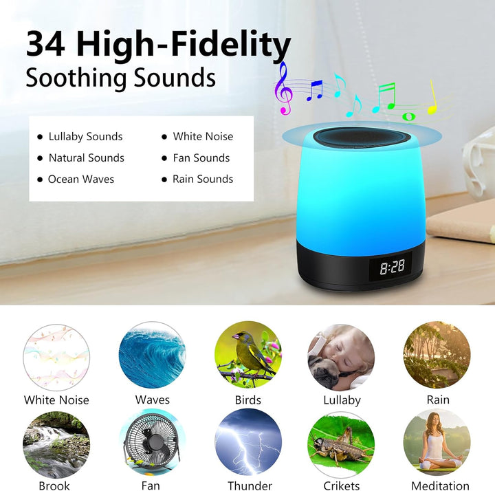 White Noise Machine Baby, 34 Soothing Sounds, 8 Colors Night Light, Battery Powered Bluetooth Function Sleep Timer, White Noise Sound Machine for Adults Kids Sleeping