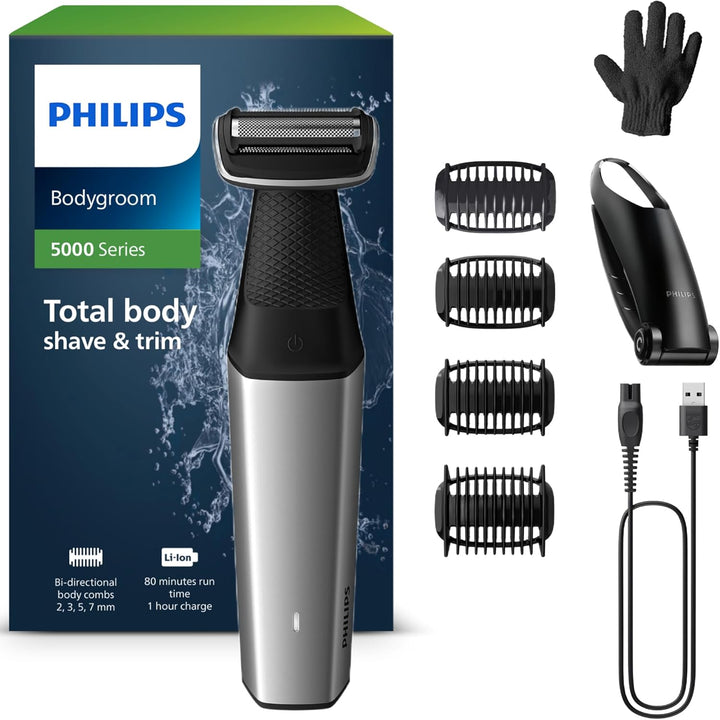 Body Groomer 5000 Series - Trimmer for Men with Triple Protect Shave System, Intimate Trim & Shave, Foldable Back Attachment, 100% Showerproof, 100 Min. Runtime, Model BG5480/15