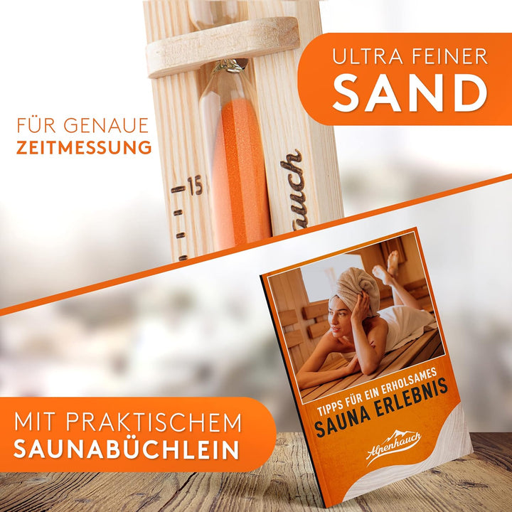 Sauna Sand Timer 15 Minutes Made of 100% Natural Wood,Elegant Sauna Clock with Ultra Fine Sand,360° Rotatable Wooden Sauna Clock,Includes Sauna Book + Mounting Accessories