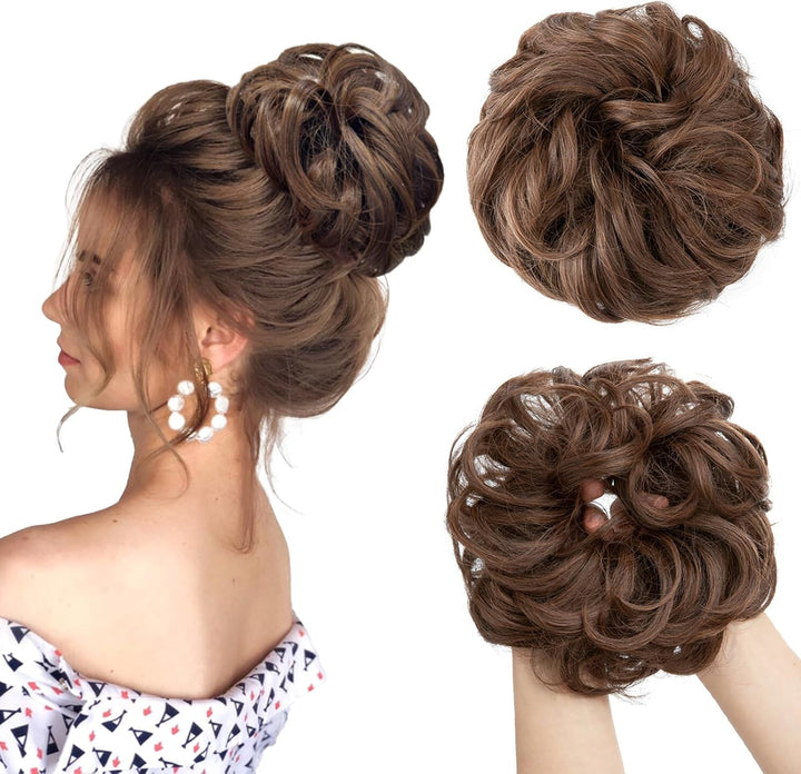 Messy Bun Hair Piece, Wavy Curly Messy Bun Scrunchie, Thick Tousled Hair Pieces for Women Girl(Black）