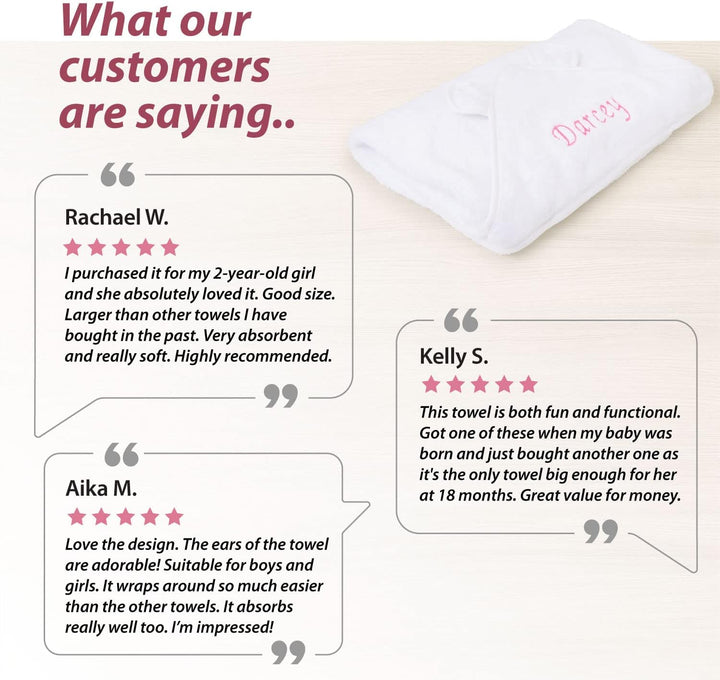 Personalised Newborn Baby Hooded Bath Towel - Soft, Cuddly, Highly Absorbent and Machine Washable Towel with Ears for Your New Baby Girl or Boy That Will Grow with Them, 75Cm X 75Cm
