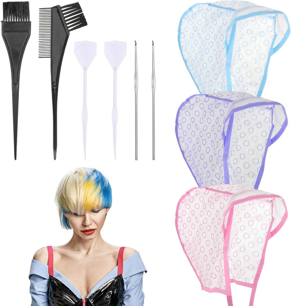 3 Pcs Hair Highlighting Caps, Bleach Cap Coloring Frosting Dye Kit, Highlighting Kit, Highlight Cap with Hooks Highlight Hair Coloring Frosting Dye Kit for Salon Hair Dyeing Hairdressing