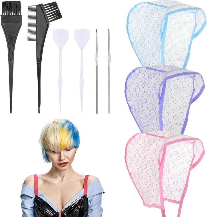 3 Pcs Hair Highlighting Caps, Bleach Cap Coloring Frosting Dye Kit, Highlighting Kit, Highlight Cap with Hooks Highlight Hair Coloring Frosting Dye Kit for Salon Hair Dyeing Hairdressing