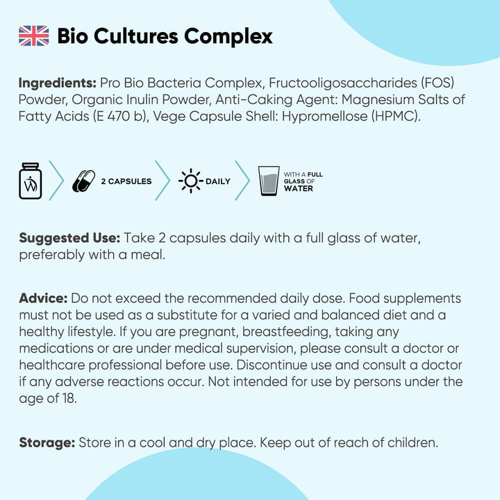 Bio Cultures Complex Probiotics & Prebiotics - 60 Billion CFU - 2 Months Supply - 120 Capsules - 20 Live Bio Cultures - Lactobacillus & Bifidobacterium Strains - Vegan Probiotic Complex Capsules