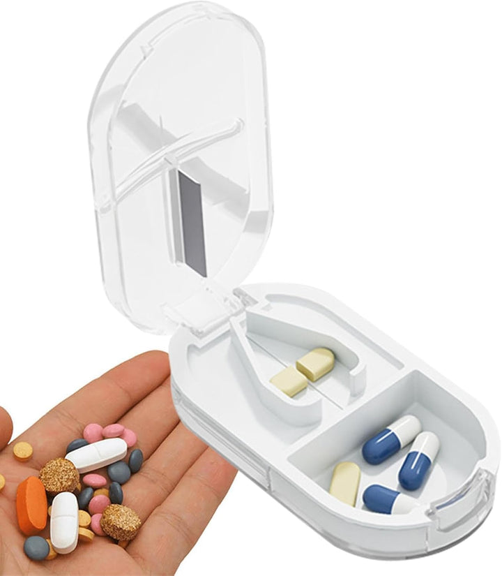 Small Pill Cutter, Pill Cutter and Organizer Combo, Small Pill Box Medicine Supplement Pill Case Dispenser for Outdoor Travel