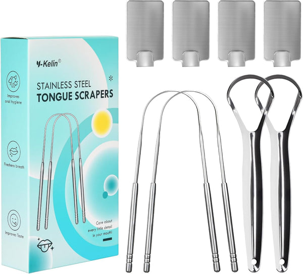 4 Pcs Stainless Steels Tongue Scrapers with Hooks, Metal Tongue Scrapers for Adults, for Oral Care, Fresh Breath and Clean Tongue（U-Shaped and Open Type）