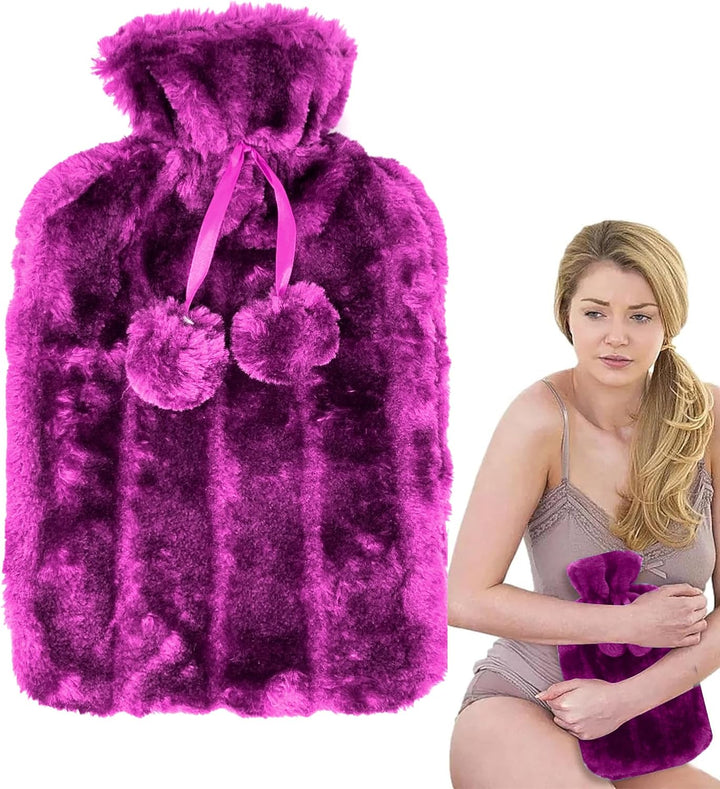 2L Hot Water Bottle with Luxury Cosy Fur Provides Warmth and Pain Relief, Standard for Hand Feet Warmer, Neck Shoulder Relief (Hot Rose Red Cover), 1.0 Count