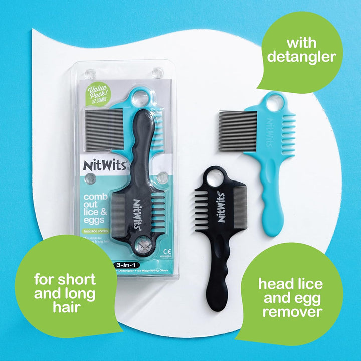 Head Lice & Egg Comb Twin Pack, 3-In-1 Lice Comb, Detangles, Removes Lice & Eggs and Includes 5X Magnifying Glass