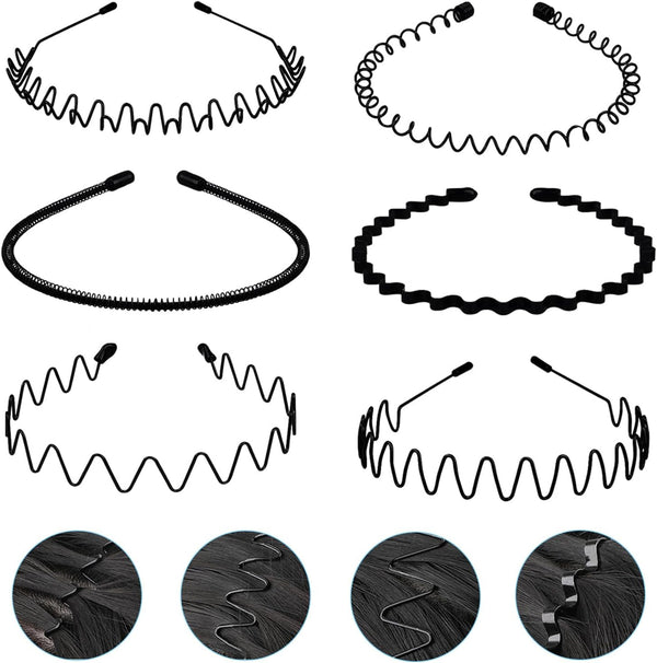 Metal Headband Mens Hair Band Non-Slip Sports Hair Hoop for Men Black Wavy Fashion Hair Band for Outdoor Weddings (6 PCS)