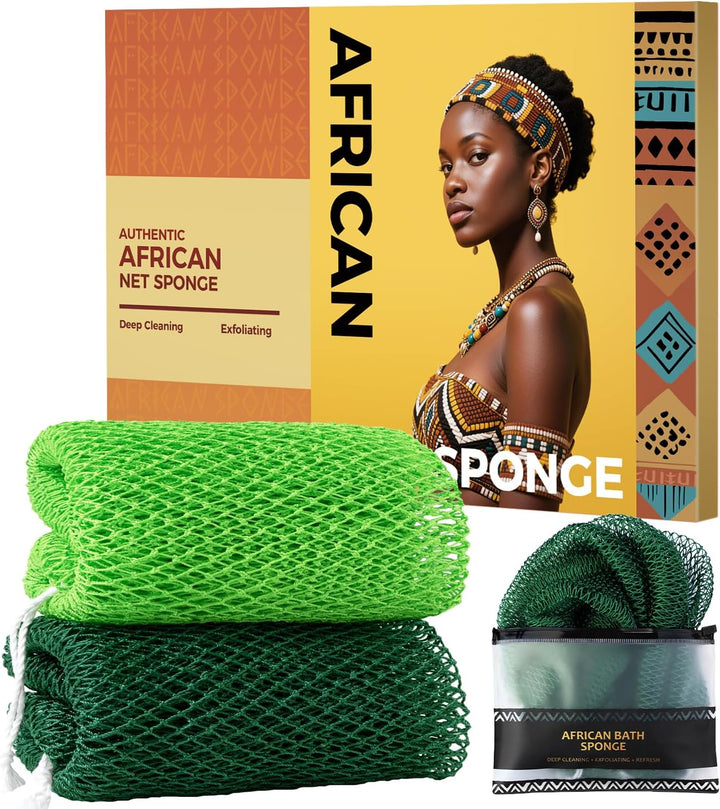 African Net Sponge Authentic - 2 Pieces Body Back Scrubber Bath Sponge with Knots - Afro Loofah Exfoliating Wash Cloth for Shower - African Body Care Daily Use Bathing Accessories